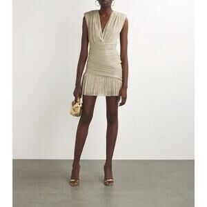 Maje Metallic Mini Dress in Gold, Ruched Waist, Padded Shoulders, NYE, size US 8